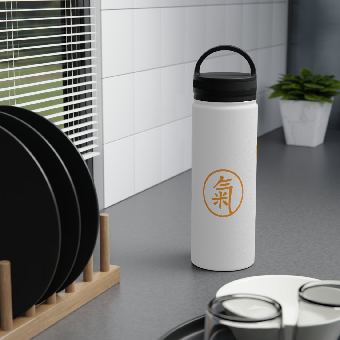 Water Bottle - Orange Qi (氣) Stainless Steel Bottle with Handle Lid