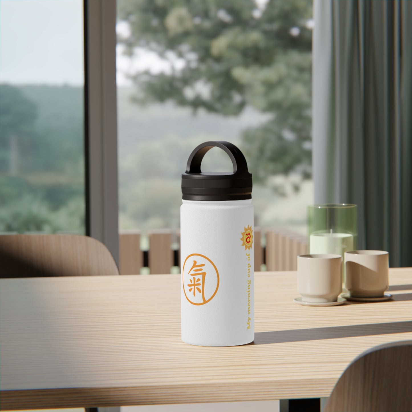 Water Bottle - Orange Qi (氣) Stainless Steel Bottle with Handle Lid