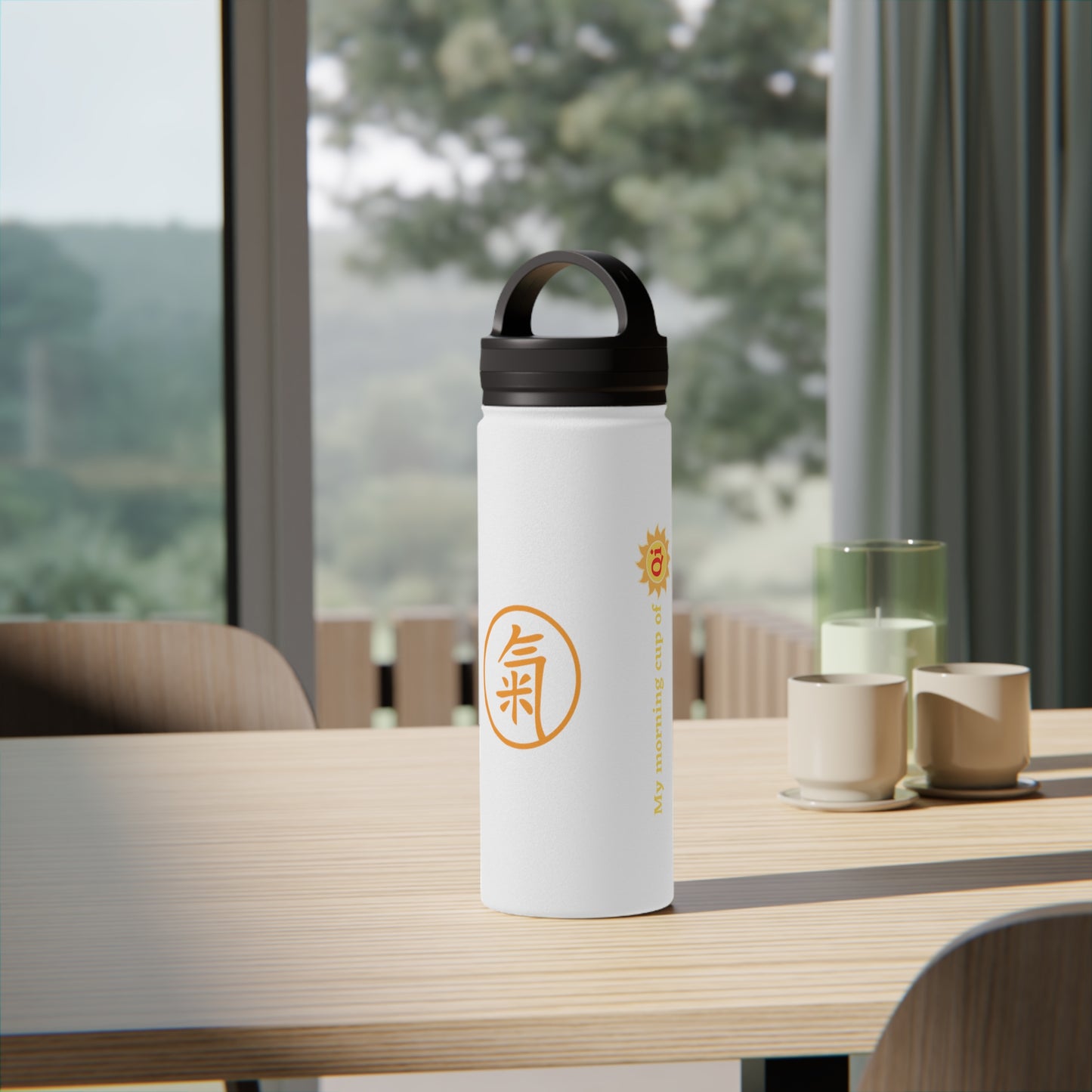 Water Bottle - Orange Qi (氣) Stainless Steel Bottle with Handle Lid